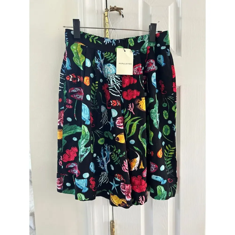 NWT Pepa Loves Black Wide Leg High Waist Trouser Short Sea Life Print